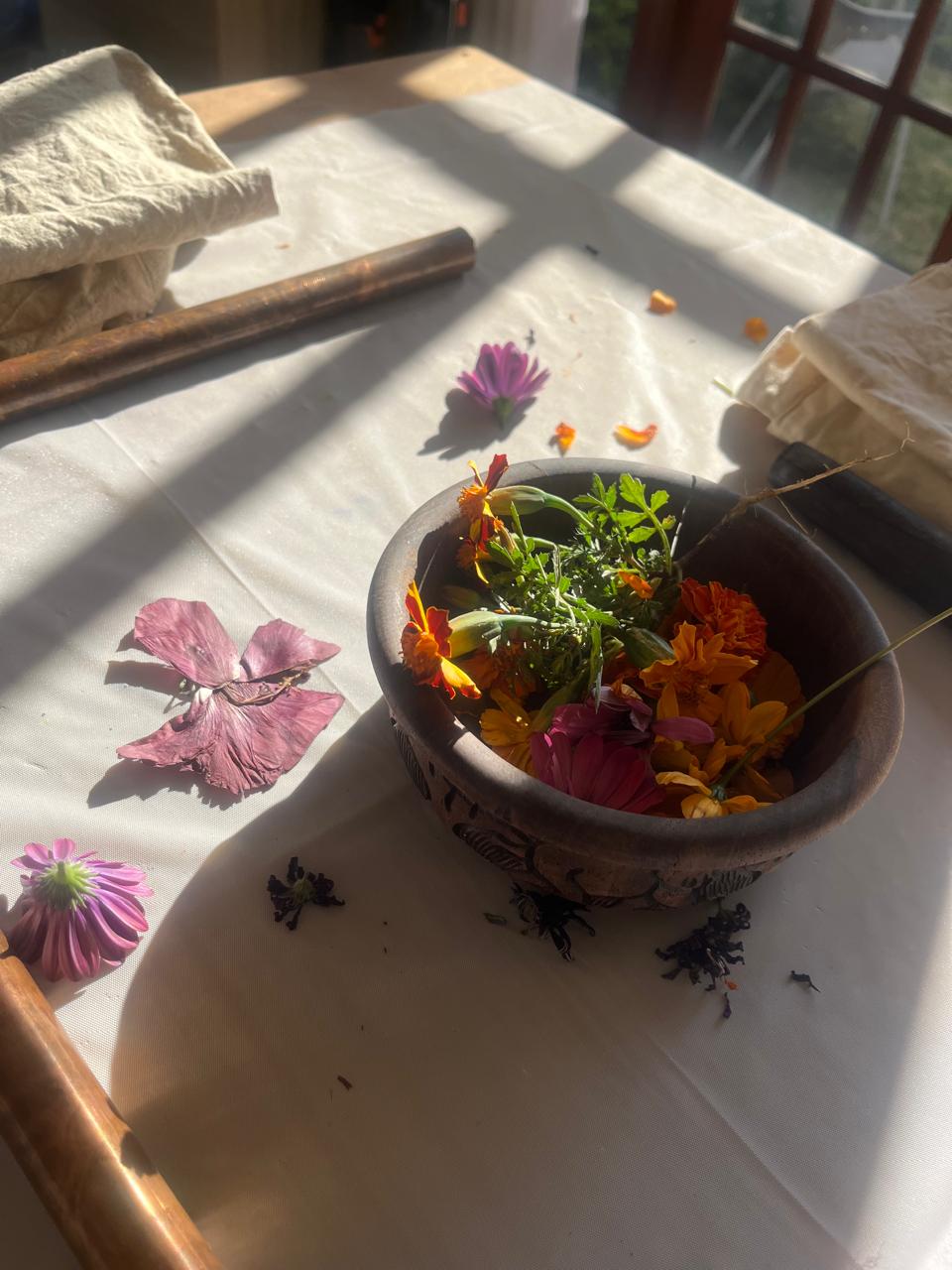 Freshly gathered marigolds and daisies in a clay bowl in strong studio sunlight